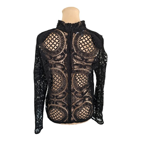 Brunette the Label Black Lace Top With Shoulder Pads Sz S - Picture 5 of 9